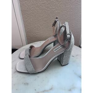 NWOT Steve Madden Rhinestone Silver Open Toe Block Heels Dylann New Crystal 10M
